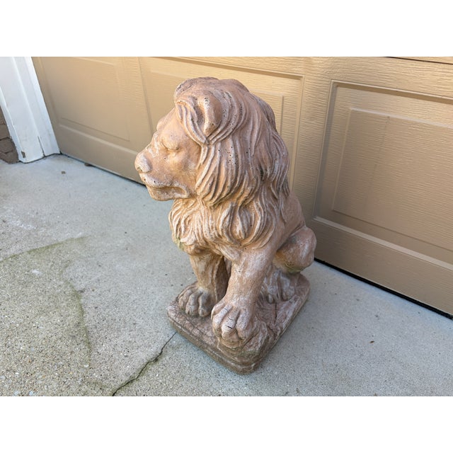 Vintage Italian Provincial Cast Concrete Lion Garden Statue With Weathered Terracotta Finish For Sale - Image 10 of 12