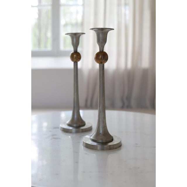 Art Deco Candleholders in Pewter and Brass, Sweden, 1930s, Set of 2 For Sale - Image 4 of 9