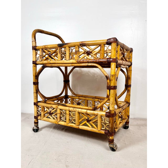 Mid-Century Modern Vintage Brighton Bamboo Rattan Bar Cart For Sale - Image 3 of 12