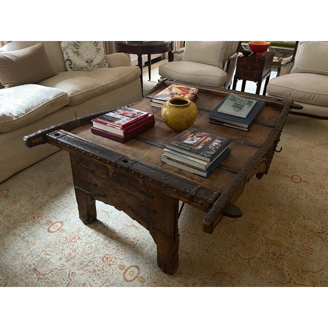 Anglo Indian Antique Indian Rustic Wooden Ox Cart With Metal Accents Coffee Table For Sale - Image 4 of 4