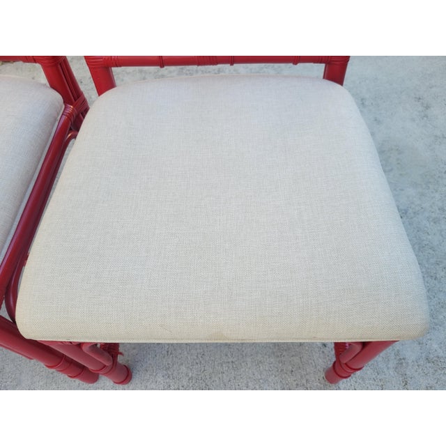 Vintage Cherry Red Regency Style Chippendale Rattan Dining Room Chairs Set of 5 For Sale - Image 10 of 12