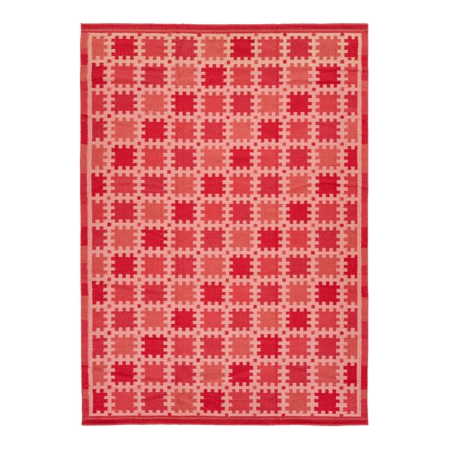 10x14 Modern Swedish-Style Flatweave Wool Rug – Terracotta & Crimson Geometric For Sale