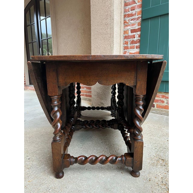 Brown Antique English Wake Dining Table Drop Leaf Barley Twist Jacobean Oak Console For Sale - Image 8 of 18