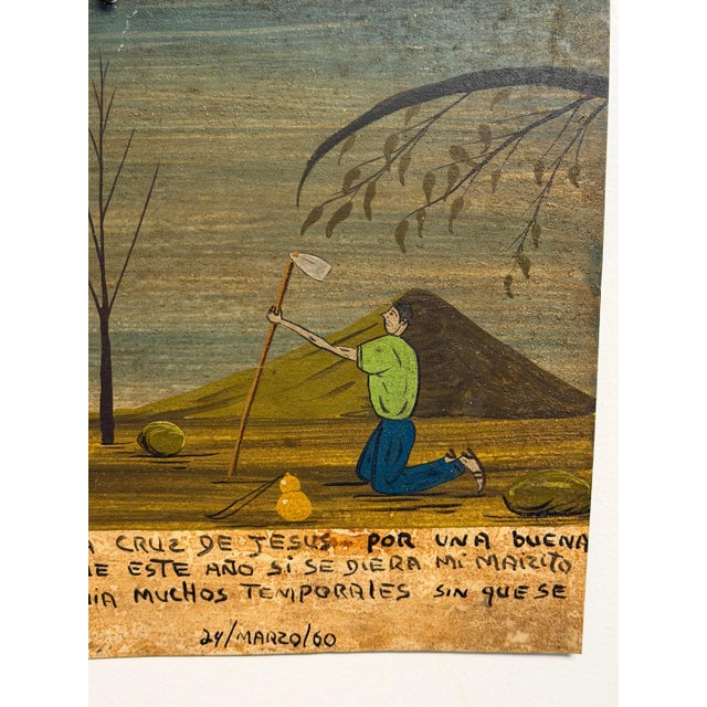 Mexican Ex-Voto Retablo Painting, Dated 1960, Harvest Prayer to the Holy Cross For Sale - Image 10 of 13