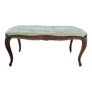 19th Century French Louis XV Carved Walnut Bench With Original Tapestry For Sale