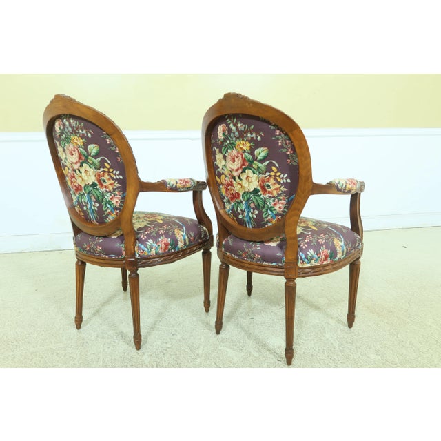 Wood Pair French Louis XV Style Floral Upholstered Armchairs For Sale - Image 7 of 10