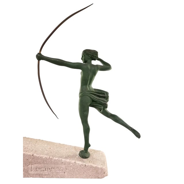 Marcel Bouraine / Demarco, Art Deco Hunting Atlanta or Diana Figure with Antelope, 1920s, Metal on Stone Base For Sale - Image 3 of 9