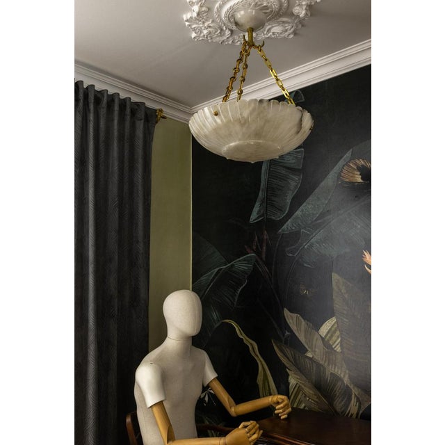 Large French Art Deco Alabaster Pendant Light with Brass Chain, 1920s For Sale - Image 14 of 18