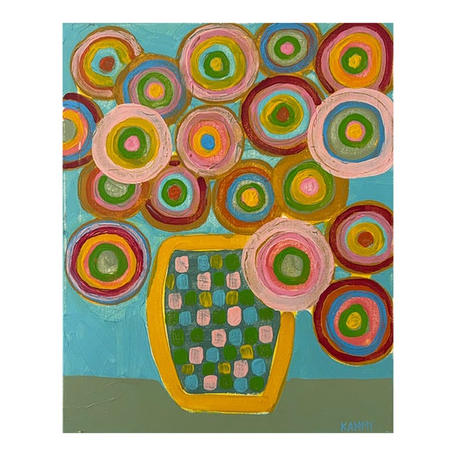 Large Colorful Abstract Floral Painting – Patterned Vase Floral Still Life For Sale