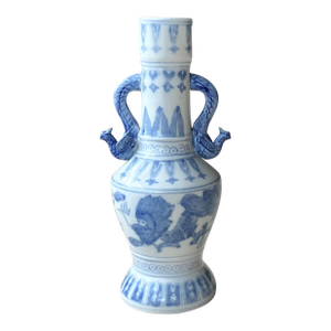 Mid 20th-Century Slender Neck Fengweizun-Style Blue & White Fèng Huáng Handle Dragon Vase