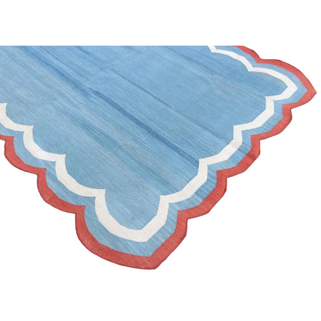 Not Yet Made - Made To Order Handmade Cotton Area Rug, Sky Blue Scalloped With Terracotta Border - 12'x15' For Sale - Image 5 of 10