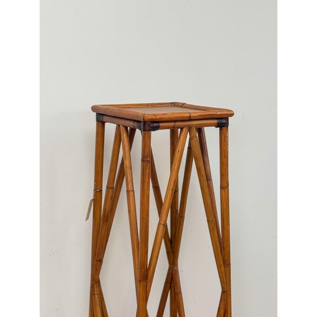 Coastal Boho Tall Bamboo Plant Stand Warm Finish Pedestal Display For Sale In Tampa - Image 6 of 9