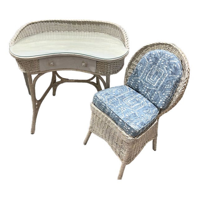 Antique Oriole Wicker Writing Desk or Vanity and Chair. Withrow For Sale