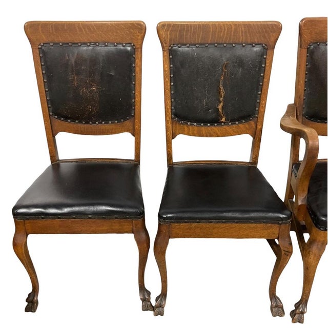 American Early 1900’s Stomps-Burkhardt Co, American Edwardian-Era /Tiger Oak / Leather Upholstery Dinning Chair Set of 6 For Sale - Image 3 of 12