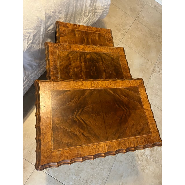 Victorian Set of 3 1930s Carved Burr Walnut Nesting Tables For Sale - Image 3 of 12