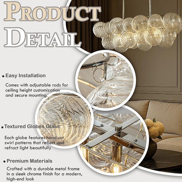 Contemporary Aloadecor Glam 5-Light 43'' Modern Dining Room Chandelier With Hand-Blown Textured Clear Glass Globes and Chrome Finish For Sale - Image 3 of 9