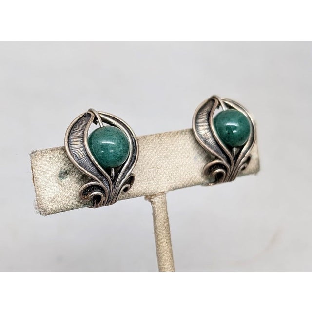 Metal Vintage Signed Napier Sterling Silver Faux-Jade Clip Earrings-2 Pieces For Sale - Image 7 of 7