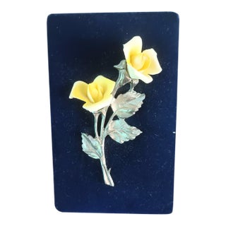 1970 Vintage Capodimonte Porcelain Yellow Roses With Bronze Metal Stems and Leaves For Sale