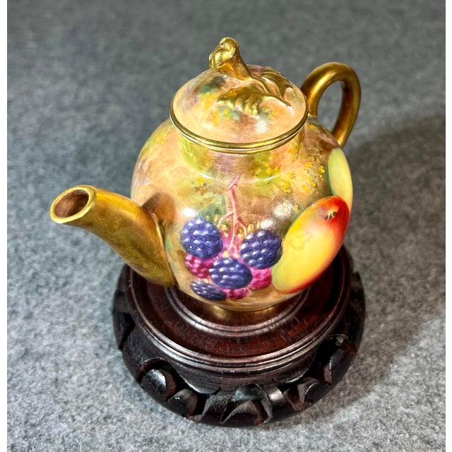 Gold Royal Worcester Hand Painted Artist Signed Bone China Miniature 'Orchard' Teapot For Sale - Image 8 of 9
