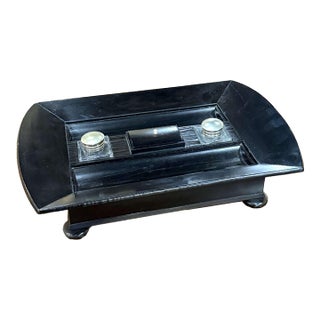 French Art Deco Black Lacquered Wood Desk Set With Glass Inkwells For Sale