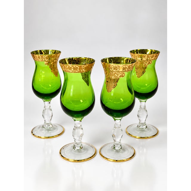Mid-Century Modern Vintage Emerald Green & Gold Gilt Glass Cordial Decanter Set With 6 Stemmed Glasses — 7 Pieces For Sale - Image 3 of 4