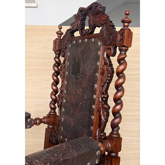 Animal Skin Pair of Colonial Catalan Spanish Altar Armchairs With Carved Leather For Sale - Image 7 of 12