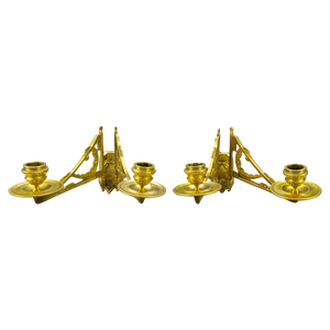 French Art Deco Brass Twin Arm Piano Candlestick Wall Lights by L. Pinet, 1930s, Set of 2