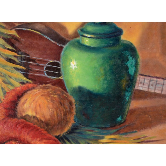 Orange Tropical Still Life With Green Pot and Ukulele in Oil on Wood Panel by N. Weber For Sale - Image 8 of 9