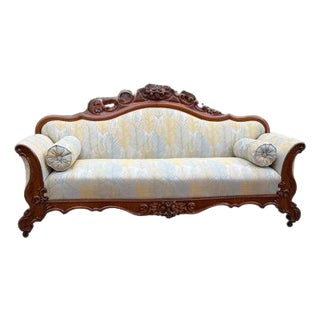 Rococo Revival/Victorian Carved Wood Sofa in Peacock Feather Upholstery For Sale