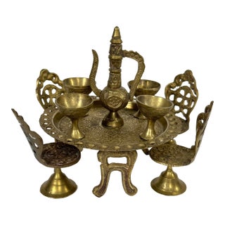 10 Piece Set Vintage Miniature Brass Table, 4 Chairs, 4 Goblets, Pitcher For Sale