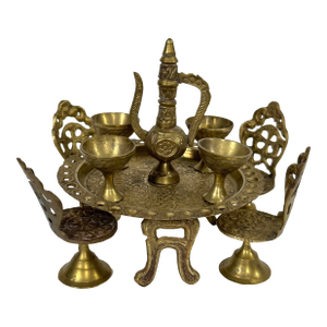 10 Piece Set Vintage Miniature Brass Table, 4 Chairs, 4 Goblets, Pitcher