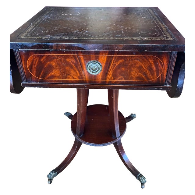 Vintage Table Regency Victorian Mahogany/Walnut Drop Leaf W/ Drawer Brass Feet Wheels For Sale