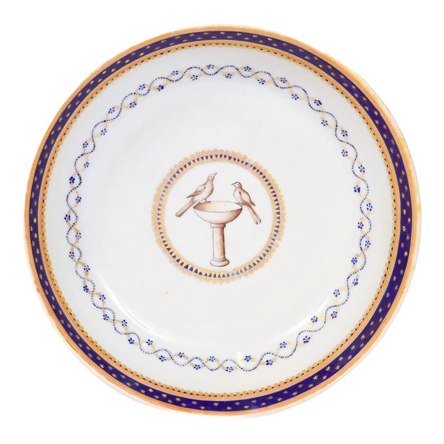 Antique Chinese Export Armorial Porcelain Saucer With Doves in a Bird Bath For Sale