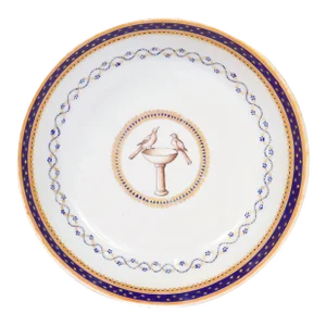 Antique Chinese Export Armorial Porcelain Saucer With Doves in a Bird Bath