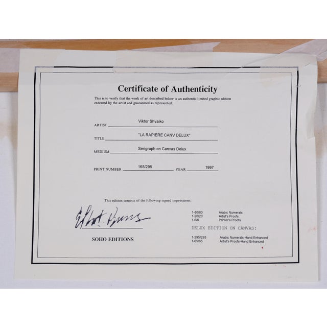 1997 Viktor Shvaiko "La Rapiere Canv Delux" Artist Hand Signed and Numbered Limited Edition 165/295 Unframed Serigraph Excellent For Sale In San Diego - Image 6 of 6