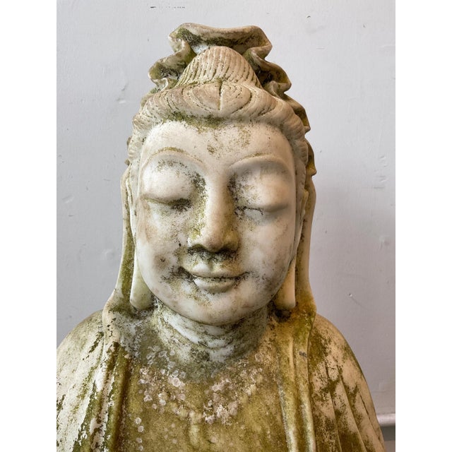 1940s carved marble Siddhartha from a Westchester, NY estate. Left in the garden for 80 years. Fingers missing from one hand.