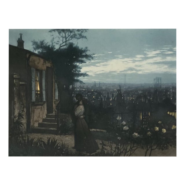 Lionello Balestrieri, Deux amants dans un jardin au dessus de Paris, Engraving, Framed For Sale