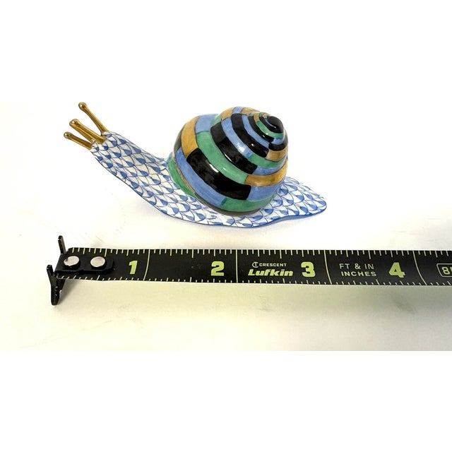 Mid-Century Modern Vintage Herend Hand Painted Blue Fishnet Snail Porcelain Figurine For Sale - Image 3 of 8