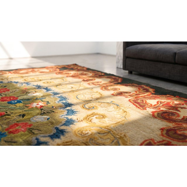 A Gray Background & Brown Border Color With Distinctive Folk Art Style Antique American Hooked Rug For Sale - Image 11 of 13