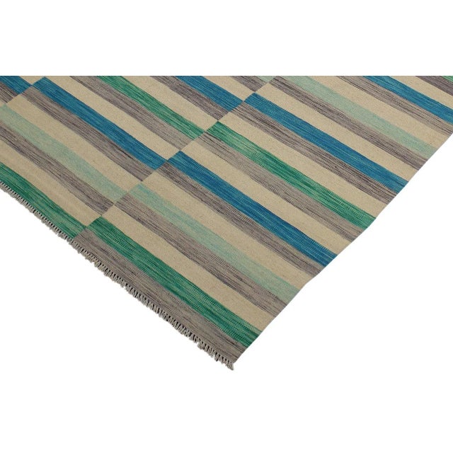 Contemporary Boho Chic Kilim Blue Beige Wool Rug - 6'5" X 9'7" For Sale - Image 3 of 8