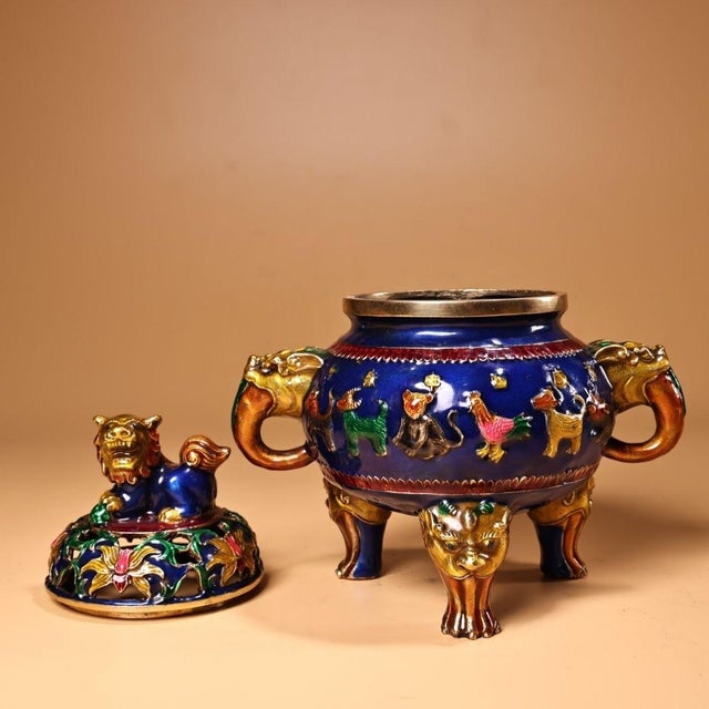 Late 20th Century Vintage Cloisonné Enamel Bronze Incense Burner Censer Foo Dog 6.9" For Sale - Image 5 of 9