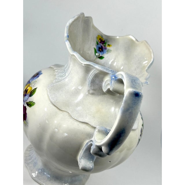 Vintage Violet, Blue and Yellow Pansy Floral Ceramic Pitcher & Wash Bowl Set, Signed 1997 For Sale In Tampa - Image 6 of 11