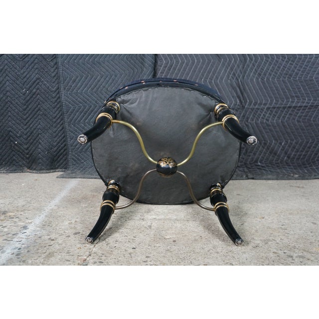 Mid Century Regency Style Ebonized Gold Painted Upholstered Stool Pouf Bench For Sale - Image 10 of 18