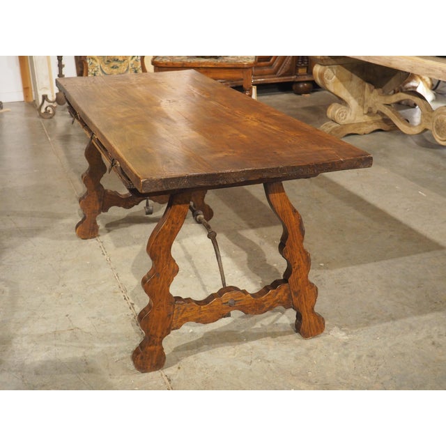 A 1900s Spanish Library Table Desk With Iron Stretchers, Shallow Frieze Drawers For Sale - Image 11 of 18