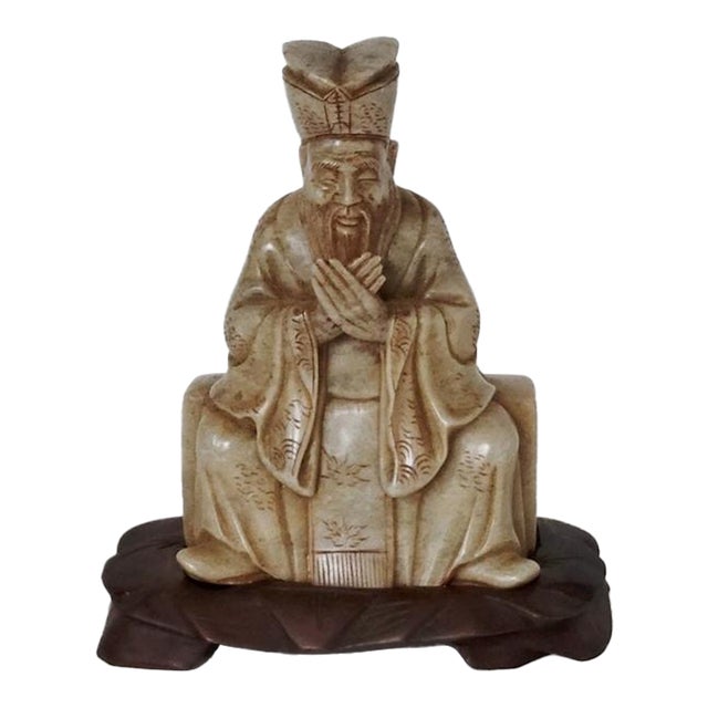Early 20th C Chinese Carved Soapstone Seated Confucian Scholar Figure on Wood Stand – Collector's Find For Sale