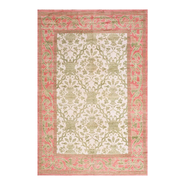 1930s Ivory European Modern Antique Spanish Cuenca Rug 6'6" X 10' Handknotted Wool Carpet For Sale