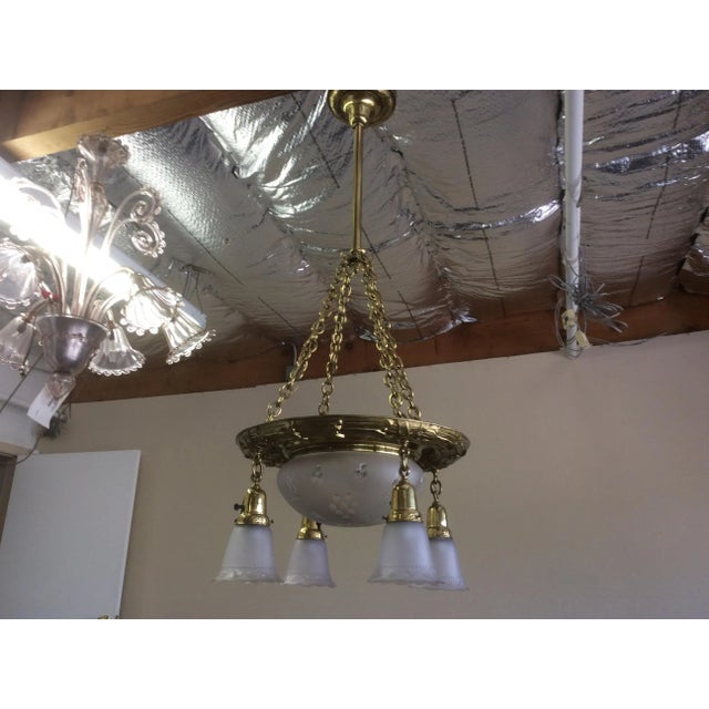 Metal Victorian Brass and Frosted Cut Crystal Chandelier For Sale - Image 7 of 11