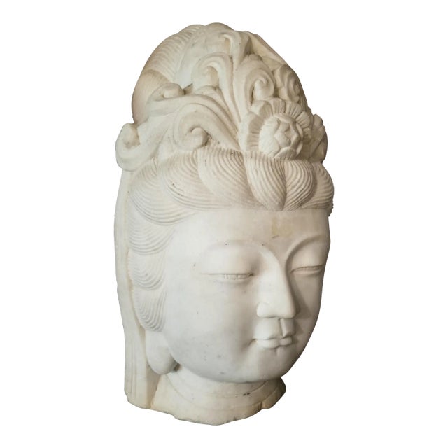 Antique Chinese Female Marble Bust with Black Wooden Pedestal For Sale