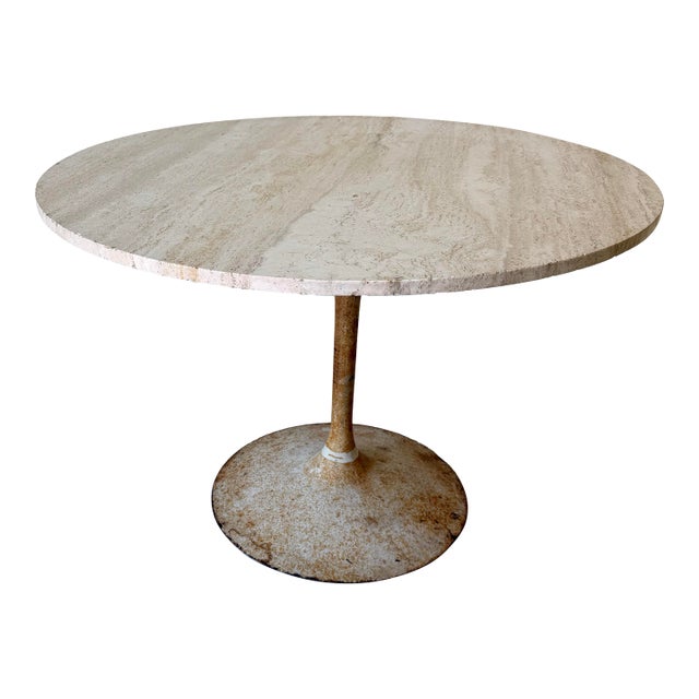 Vintage Tulip Metal Base Dining Table With Italian Travertine Top – Outdoor For Sale