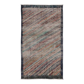 Vintage Distressed Rug, Vibrant Polychromatic Stripes on Navy Blue - Rug & Kilim For Sale